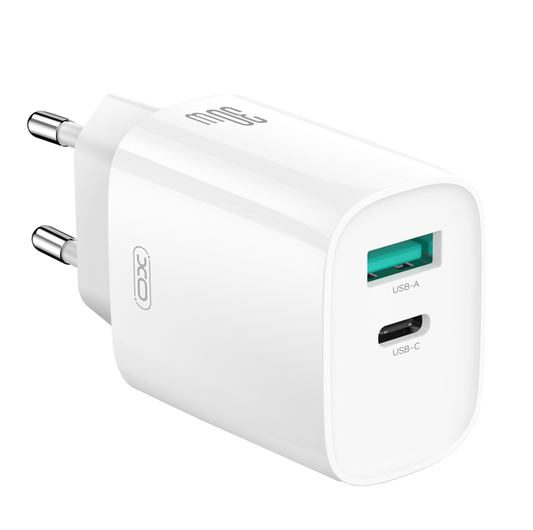 Network Charger with USB-C Cable XO Design CE30, 30W, 3A, 1 x USB-A - 1 x USB-C, White