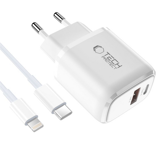Netoplader med Lightning-kabel Tech-Protect NCA20, 20W, 3A, 1 x USB-A - 1 x USB-C, Hvid
