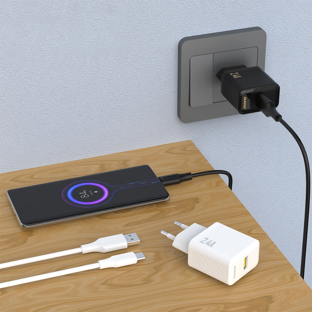 Netoplader med USB-C-kabel Dudao A23TEU, 12W, 2.4A, 1 x USB-A, Sort