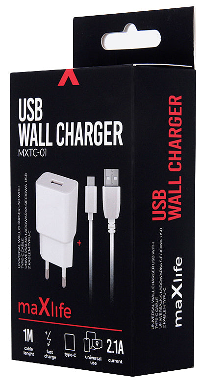 Netoplader med USB-C-kabel MaXlife MXTC-01, 10,5W, 2,1A, 1 x USB-A, Hvid