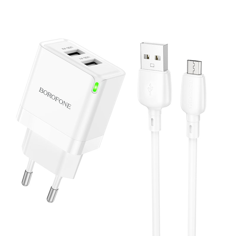 Netværksoplader med microUSB-kabel Borofone BN15 Strong, 10,5W, 2,1A, 2 x USB-A, hvid