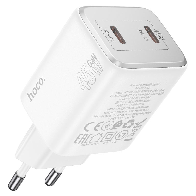 Netværksoplader med lynkabel HOCO N42, 45W, 3A, 2 x USB-C, hvid