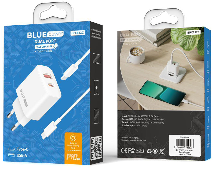 Blue Power BPCE12C USB-C-kabel netværksoplader BPCE12C, 20W, 3A, 1 x USB-A - 1 x USB-C, hvid