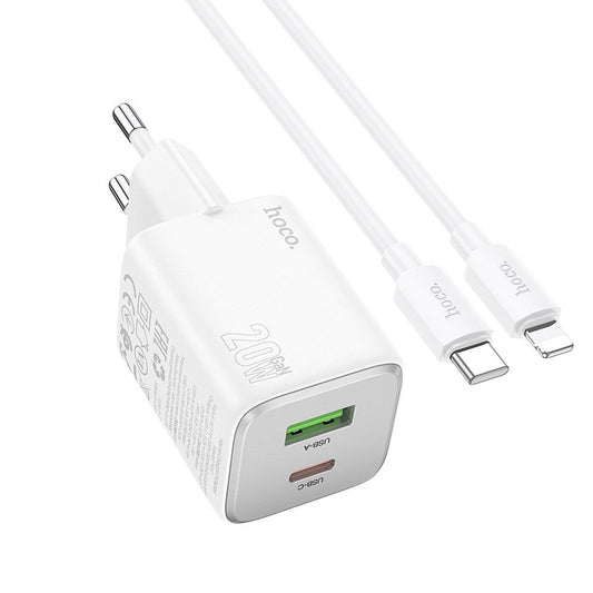 Netværksoplader med Lightning-kabel HOCO N41, 20W, 3A, 1 x USB-A - 1 x USB-C, Hvid