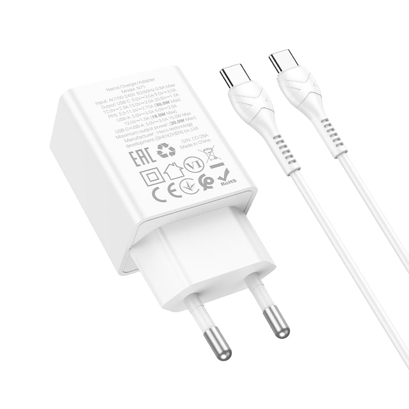 Netværksoplader med USB-C Kabel HOCO N71, 30W, 3A, 1 x USB-A - 1 x USB-C, Hvid