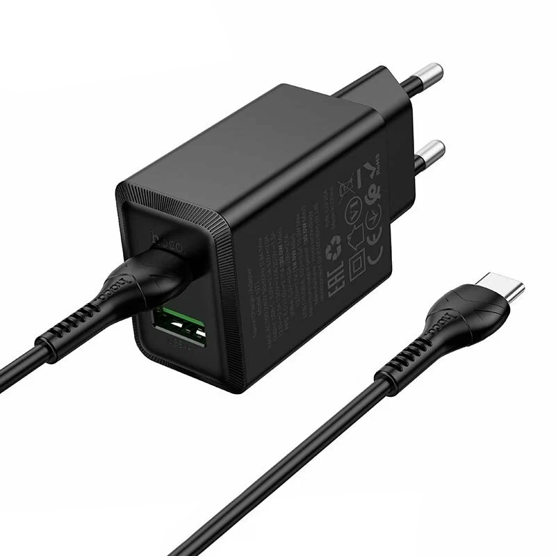 Netværksoplader med USB-C kabel HOCO N71, 30W, 3A, 1 x USB-A - 1 x USB-C, Sort