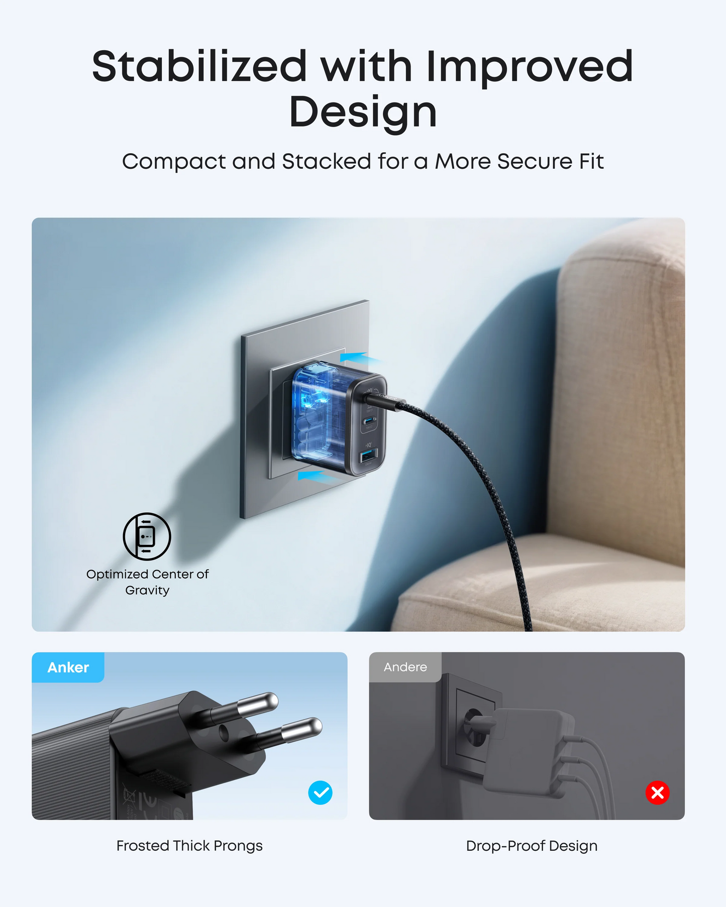 Netværksoplader med USB-C kabel Anker Nano, 70W, 3.5A, 1 x USB-A - 2 x USB-C, Grå B121A311