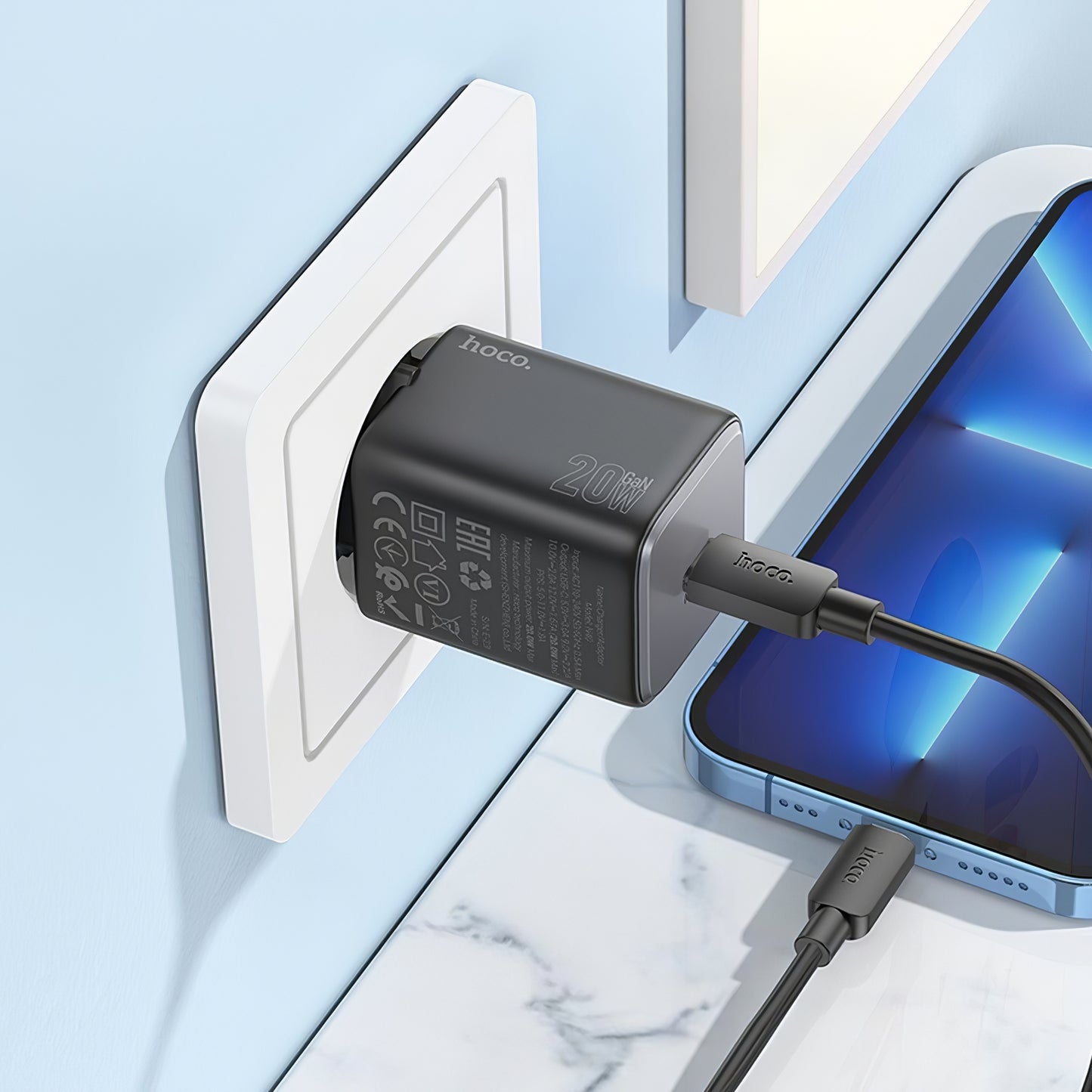 Netværksoplader med lynkabel HOCO N40, 20W, 3A, 1 x USB-C, sort