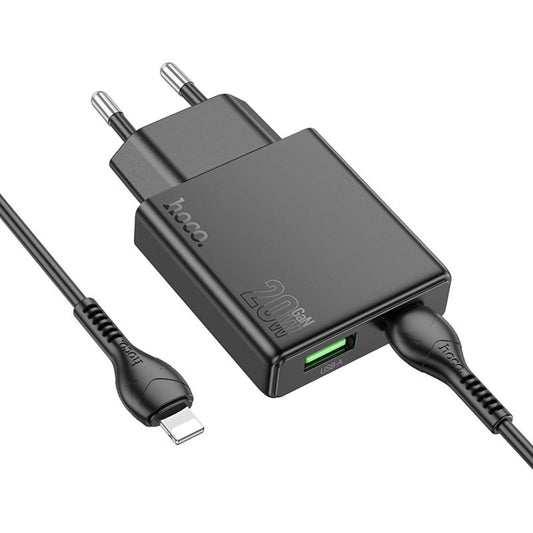 Netværksoplader med Lightning-kabel HOCO N38, 20W, 3A, 1 x USB-A - 1 x USB-C, Sort