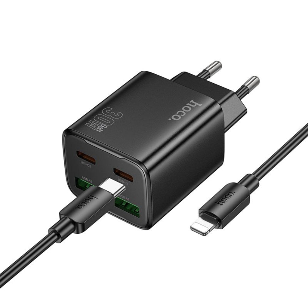 Netværksoplader med Lightning-kabel HOCO N56, 30W, 3A, 2 x USB-A - 2 x USB-C, Sort
