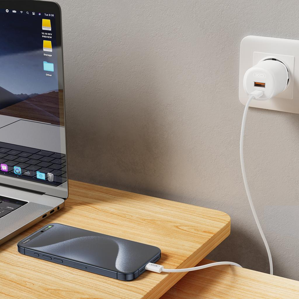 Netværksoplader med USB-C kabel XO Design L151, 30W, 3A, 1 x USB-A - 1 x USB-C, Hvid