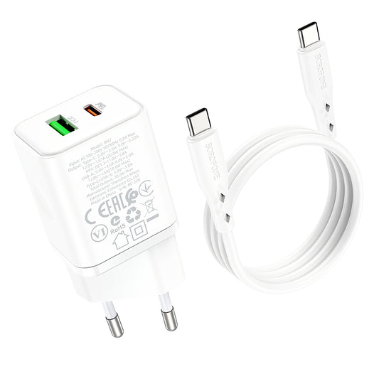 Netværksoplader med USB-C-kabel Borofone BN7, 20W, 3A, 1 x USB-A - 1 x USB-C, hvid