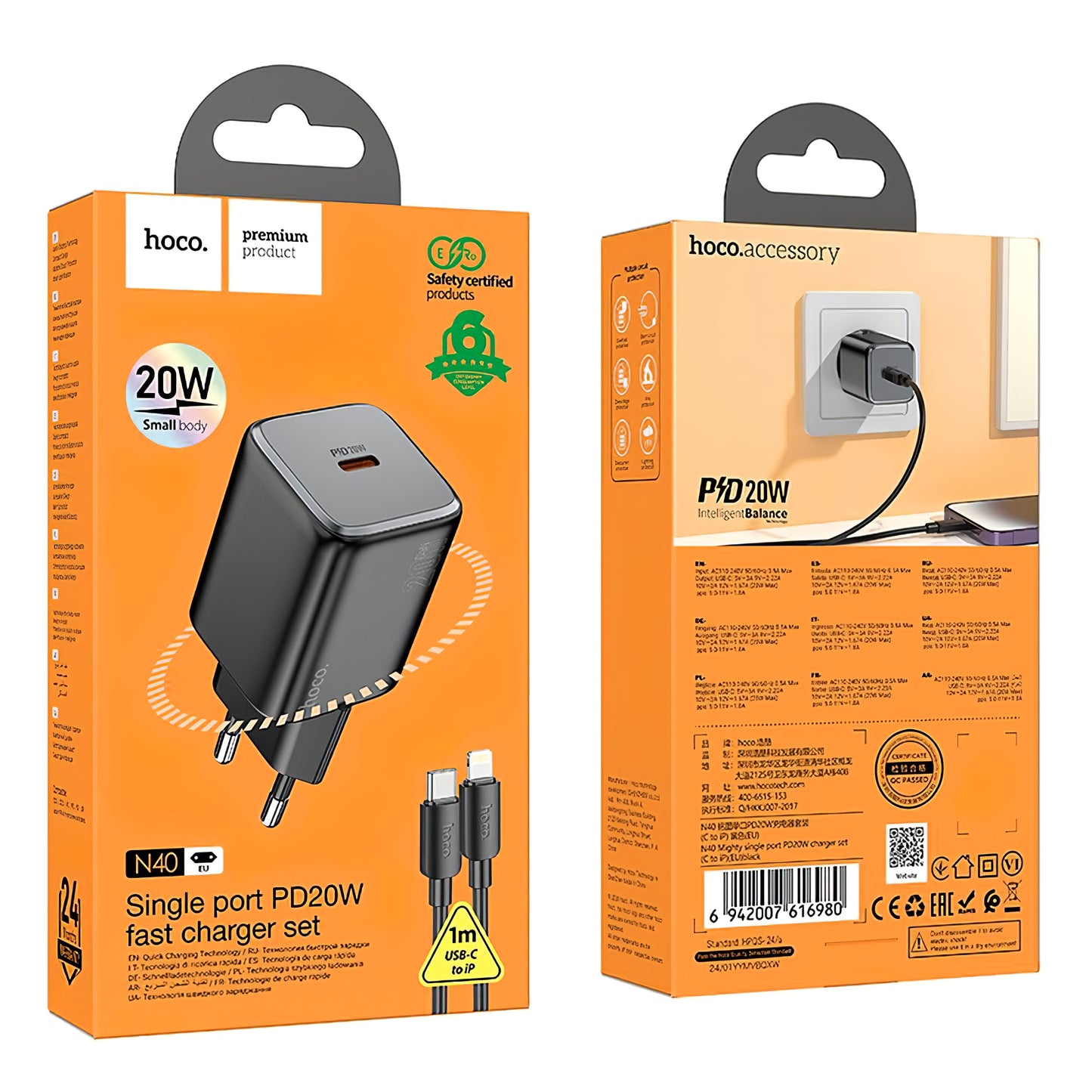 Netværksoplader med lynkabel HOCO N40, 20W, 3A, 1 x USB-C, sort