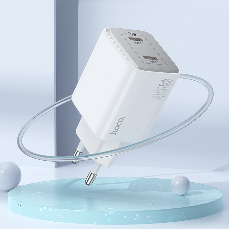 Netværksoplader med lynkabel HOCO N42, 45W, 3A, 2 x USB-C, hvid