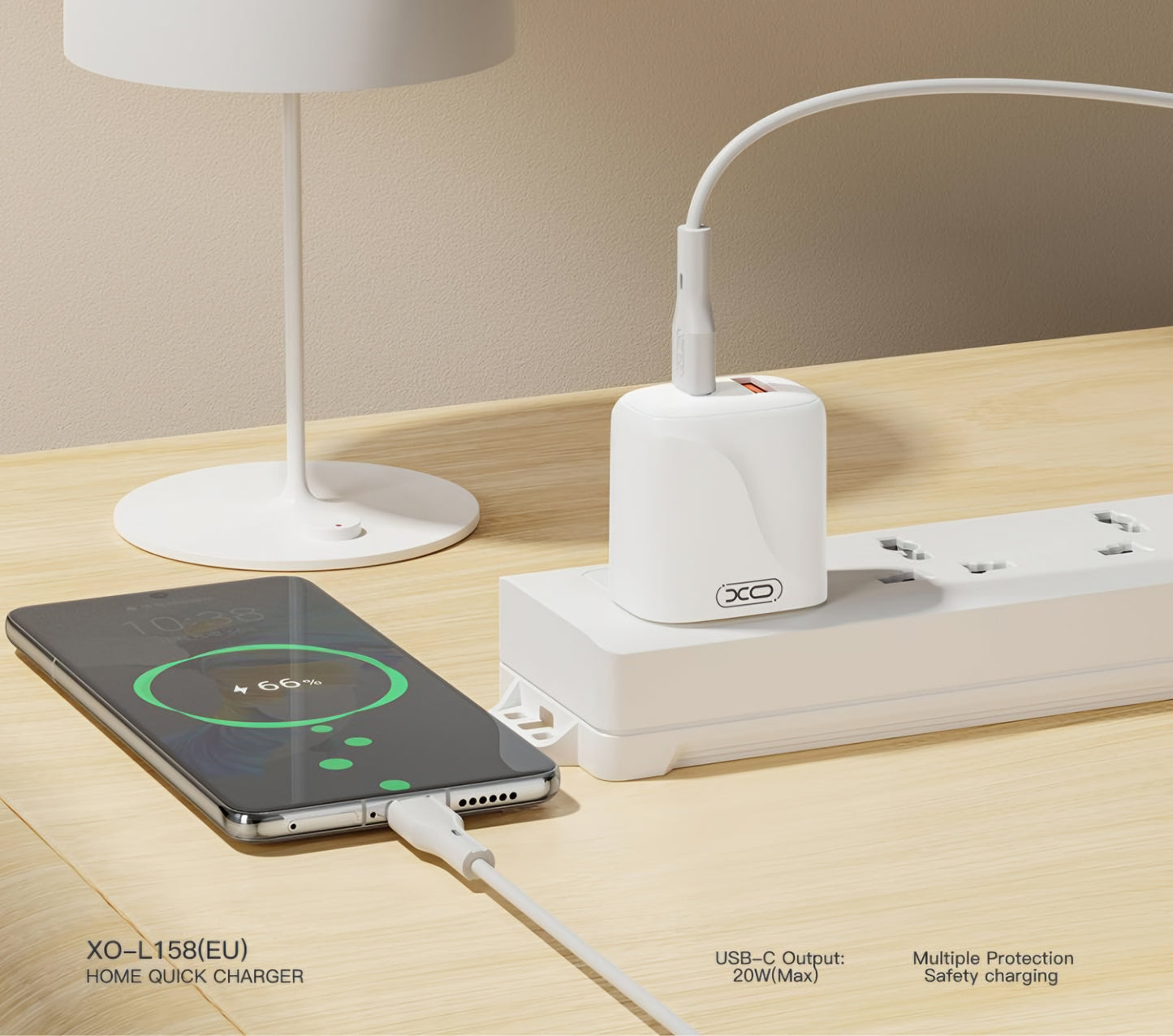 Netværksoplader med USB-C kabel XO Design L158, 20W, 3A, 1 x USB-A - 1 x USB-C, Hvid