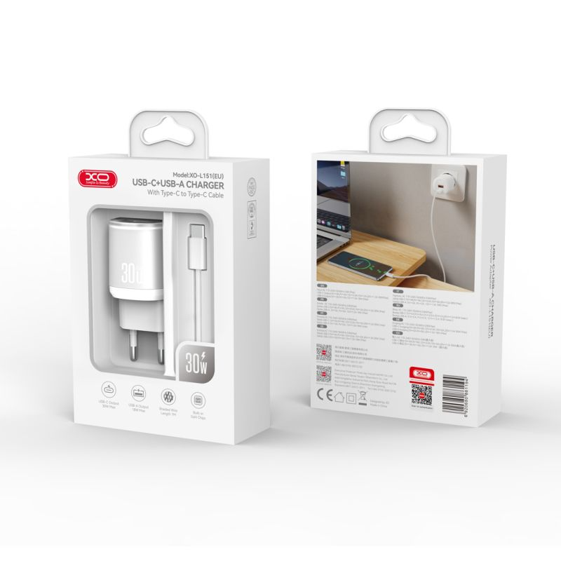 Netværksoplader med USB-C kabel XO Design L151, 30W, 3A, 1 x USB-A - 1 x USB-C, Hvid