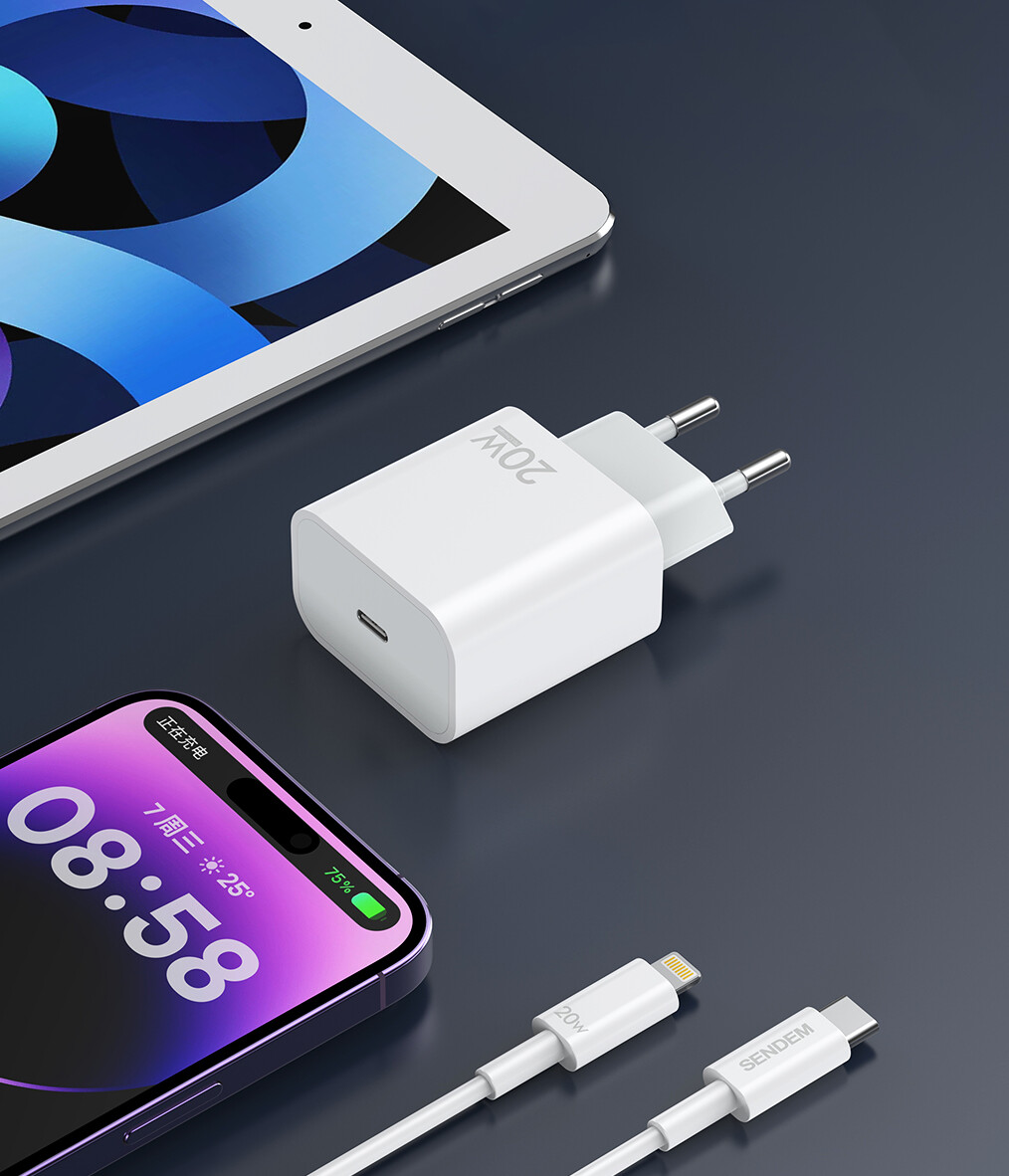 Netoplader med USB-C-kabel Sendem OG73, 20W, 3A, 1 x USB-C, Hvid