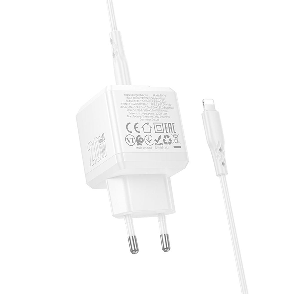 Netværksoplader med Lightning Kabel Borofone BN19 Intenso, 20W, 3A, 1 x USB-A - 1 x USB-C, Hvid