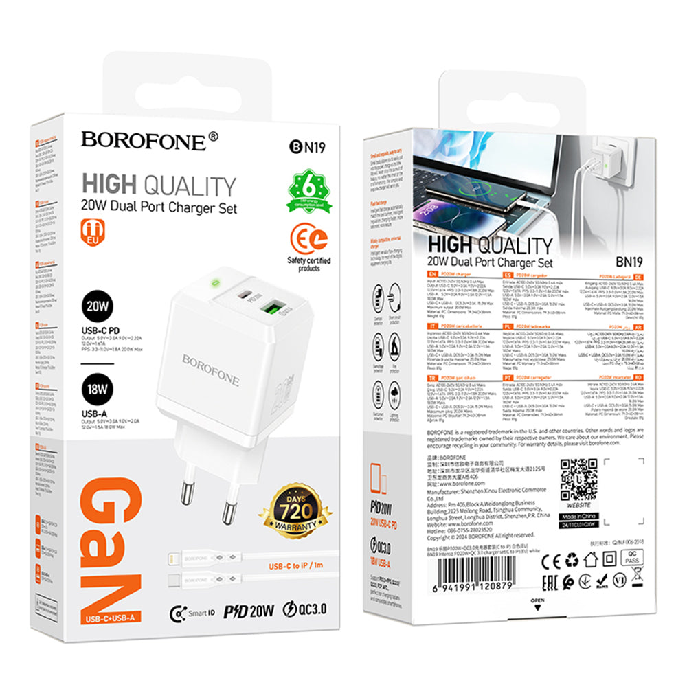 Netværksoplader med Lightning Kabel Borofone BN19 Intenso, 20W, 3A, 1 x USB-A - 1 x USB-C, Hvid