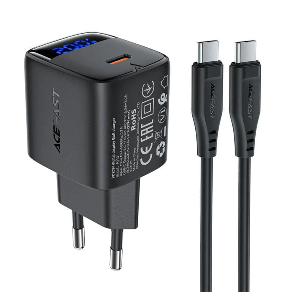 Netværksoplader med USB-C kabel Acefast A113 Display, 20W, 3A, 1 x USB-C, Sort