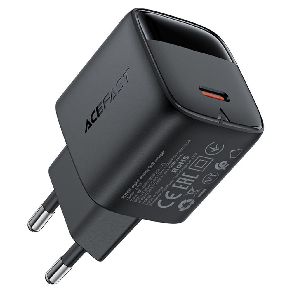 Netværksoplader med USB-C kabel Acefast A113 Display, 20W, 3A, 1 x USB-C, Sort