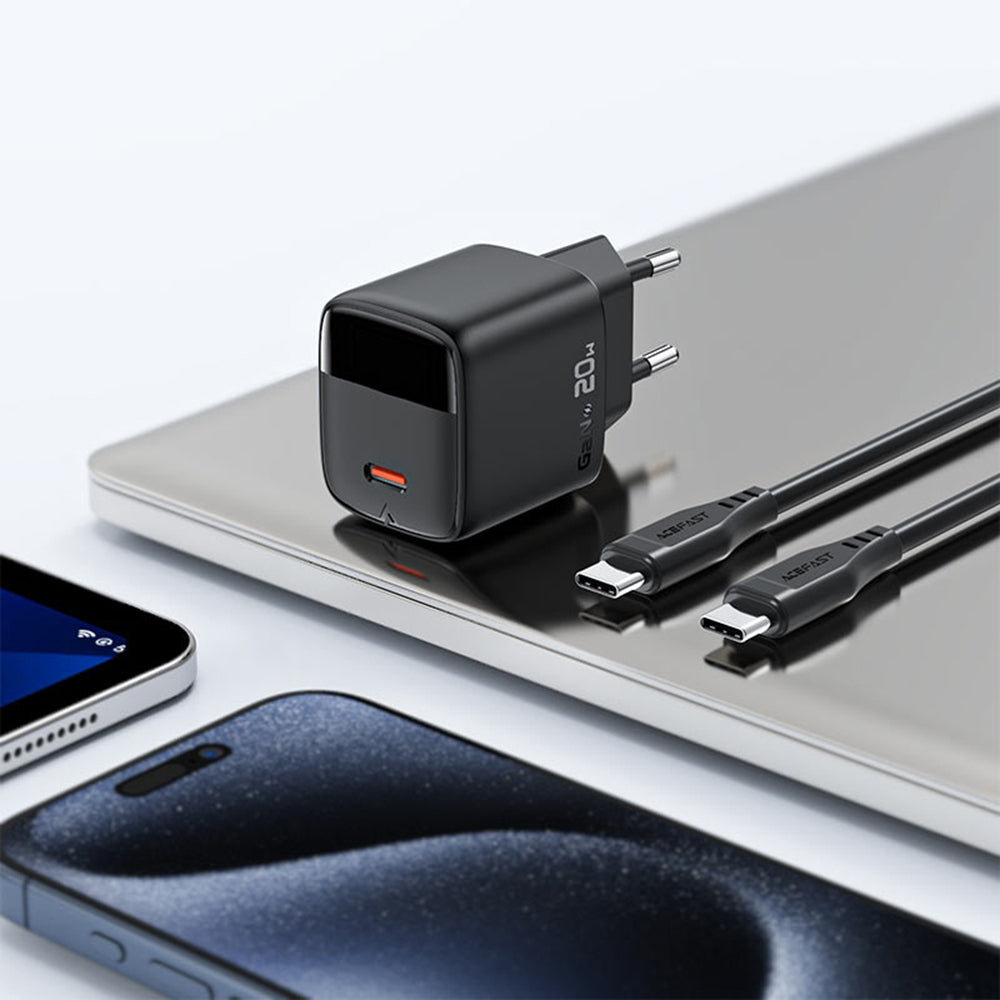 Netværksoplader med USB-C kabel Acefast A113 Display, 20W, 3A, 1 x USB-C, Sort