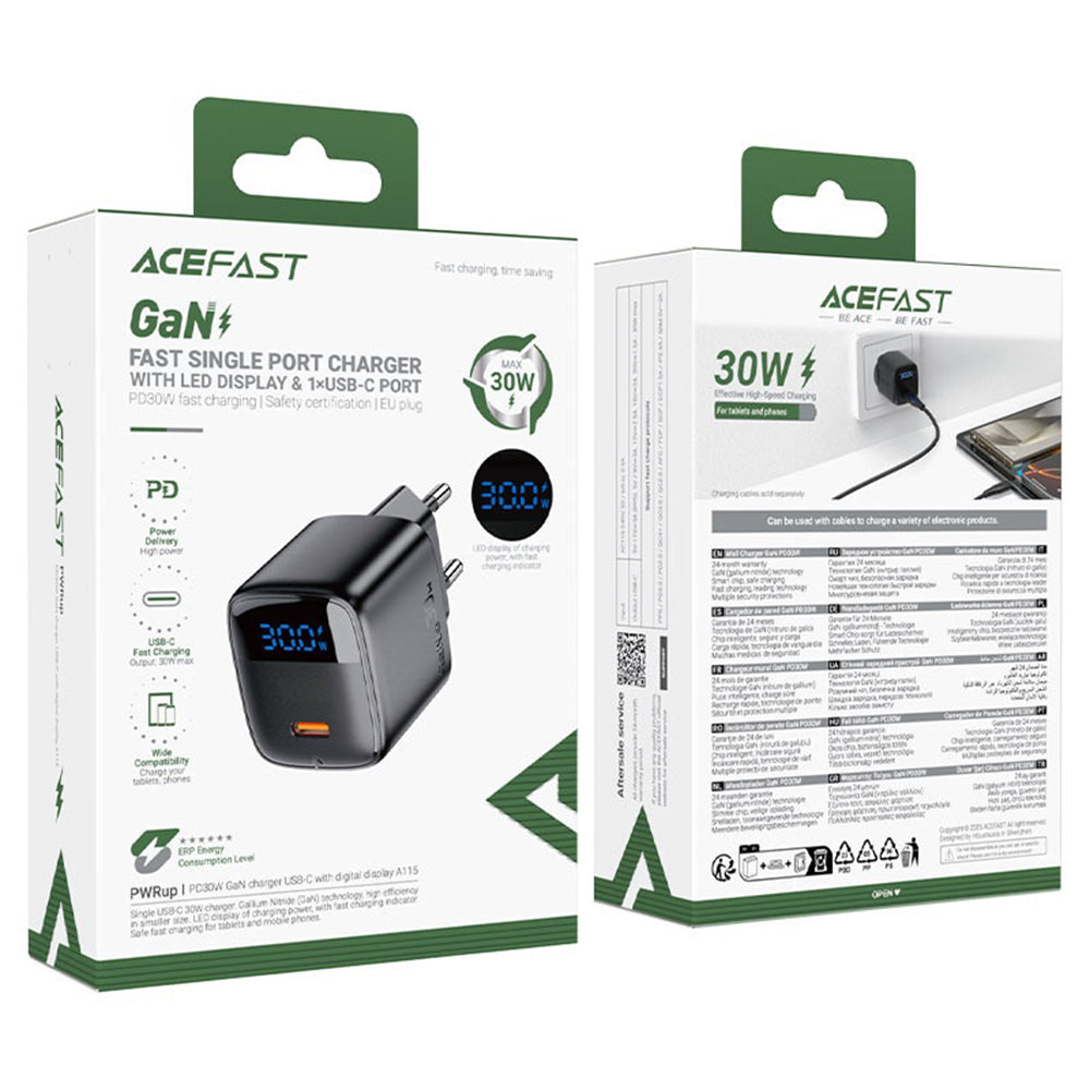 Netværksoplader med USB-C kabel Acefast A113 Display, 20W, 3A, 1 x USB-C, Sort