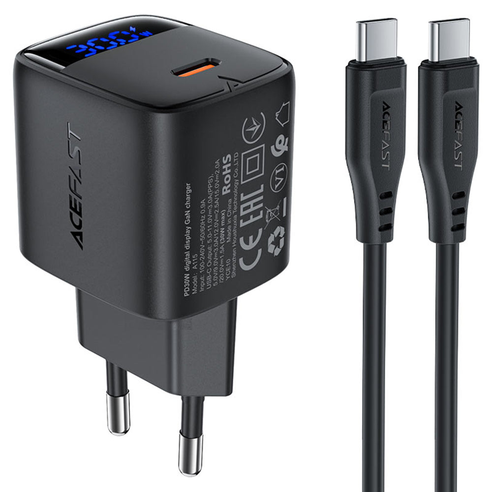 Netværksoplader med USB-C kabel Acefast A115 Display, 30W, 3A, 1 x USB-C, Sort