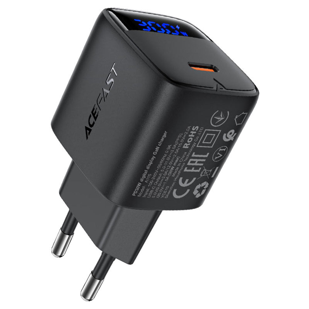 Netværksoplader med USB-C kabel Acefast A115 Display, 30W, 3A, 1 x USB-C, Sort