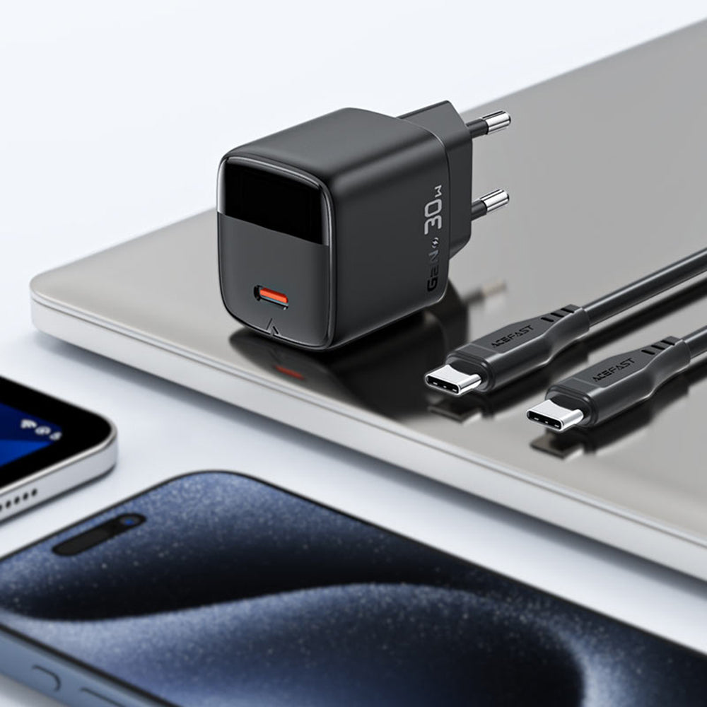 Netværksoplader med USB-C kabel Acefast A115 Display, 30W, 3A, 1 x USB-C, Sort