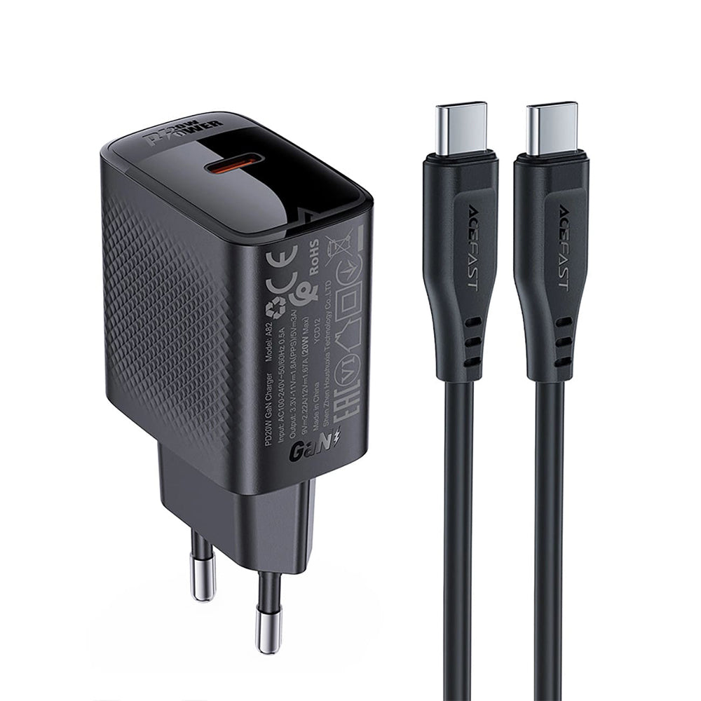 Netværksoplader med USB-C kabel Acefast A82, 20W, 3A, 1 x USB-C, Sort