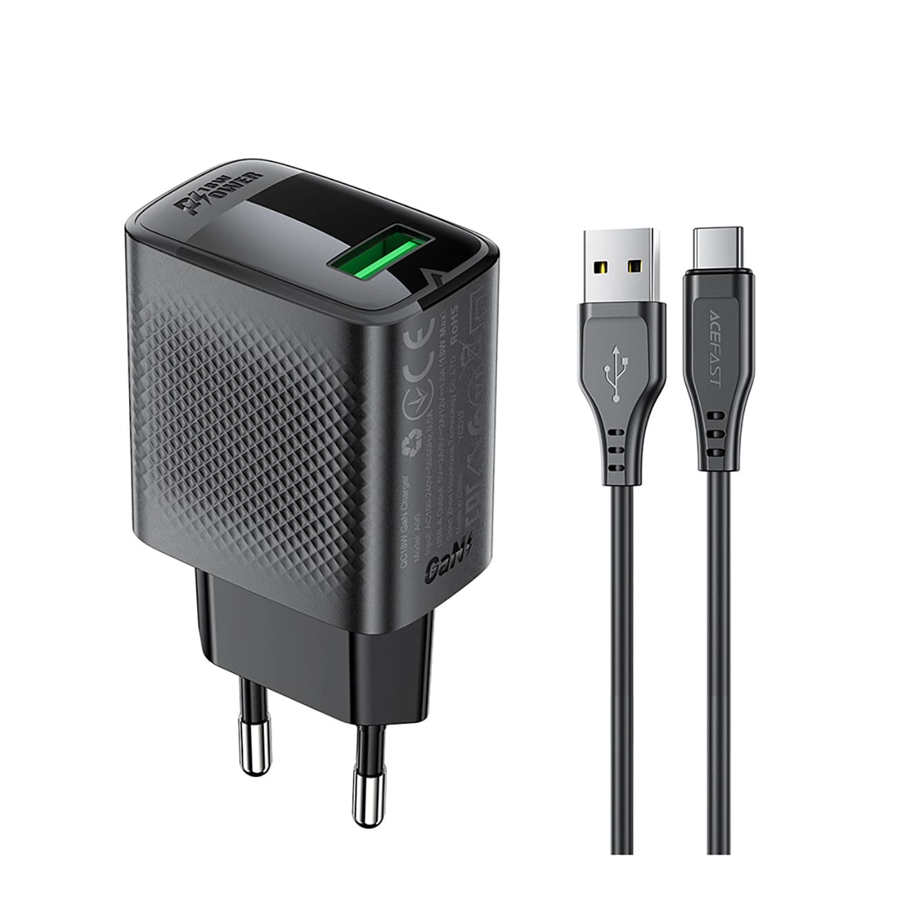 Netværksoplader med USB-C Kabel Acefast A90, 18W, 3A, 1 x USB-A, Sort