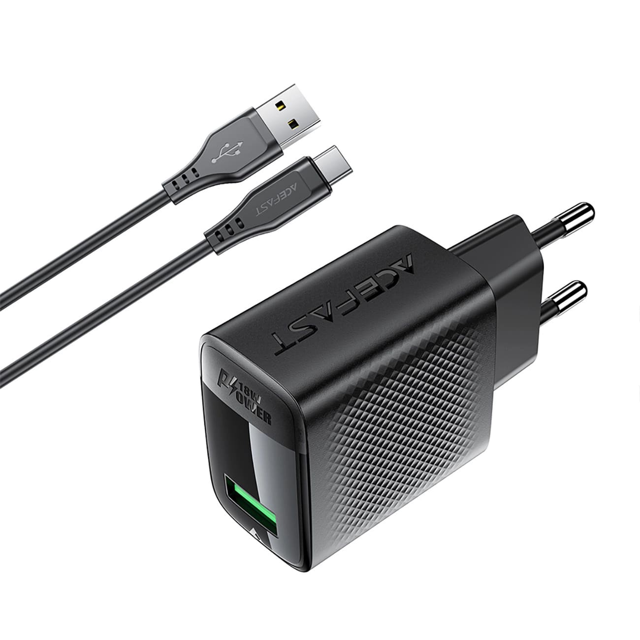 Netværksoplader med USB-C Kabel Acefast A90, 18W, 3A, 1 x USB-A, Sort