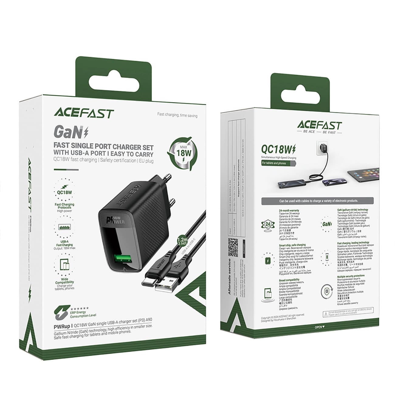 Netværksoplader med USB-C Kabel Acefast A90, 18W, 3A, 1 x USB-A, Sort
