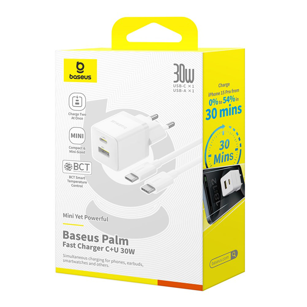 Netværksoplader med USB-C kabel Baseus Palm, 30W, 3A, 1 x USB-A - 1 x USB-C, Hvid P1011160A213-01