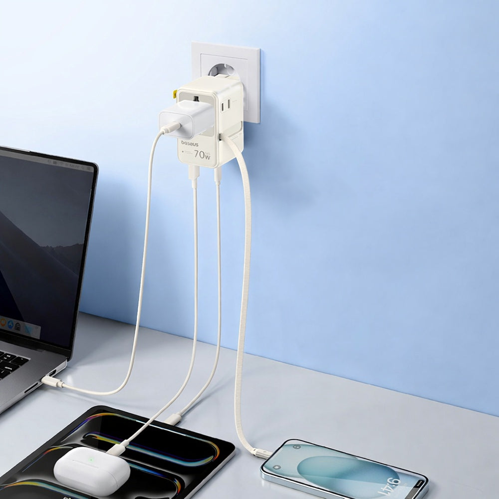 Netoplader med USB-C-kabel Baseus Travel EnerCore CG11, 70W, 2 x Stik - 1 x USB-C - 2 x USB-A, Hvid E0307E01