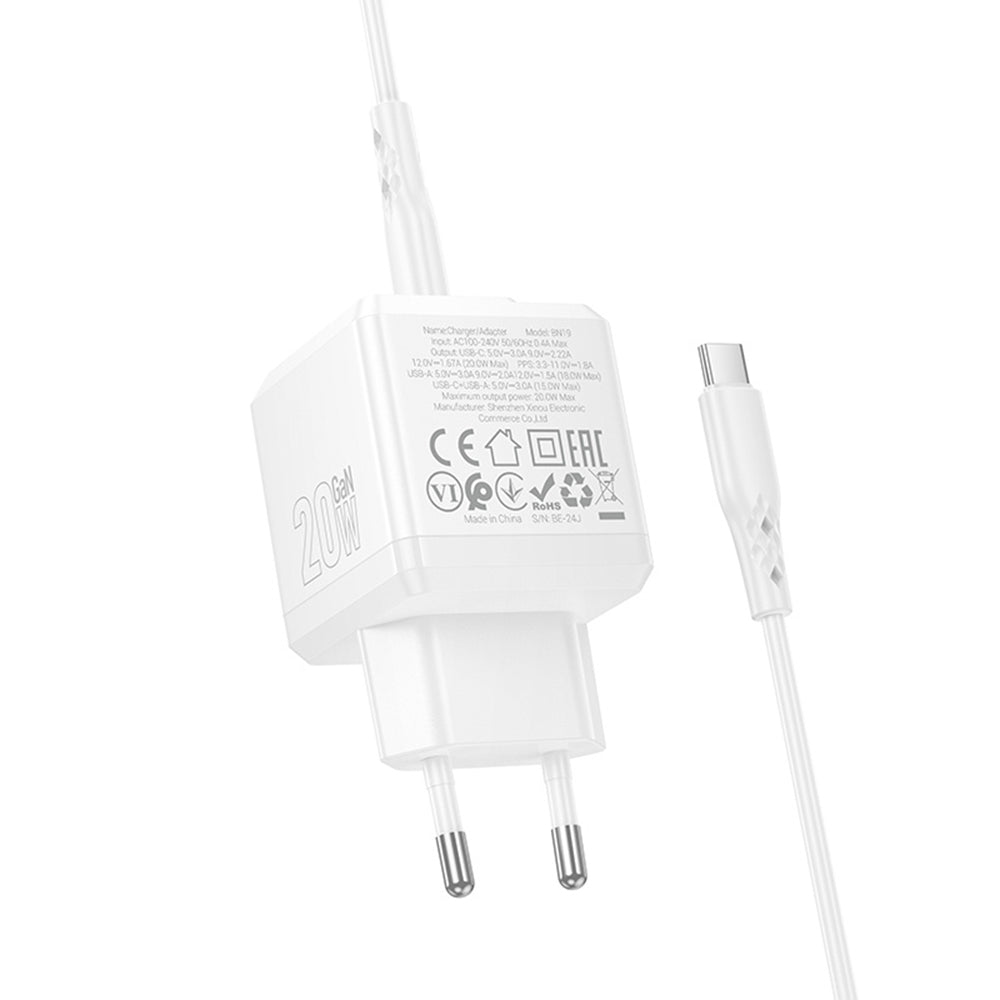 Netværksoplader med USB-C Kabel Borofone BN19 Intenso, 20W, 3A, 1 x USB-A - 1 x USB-C, Hvid