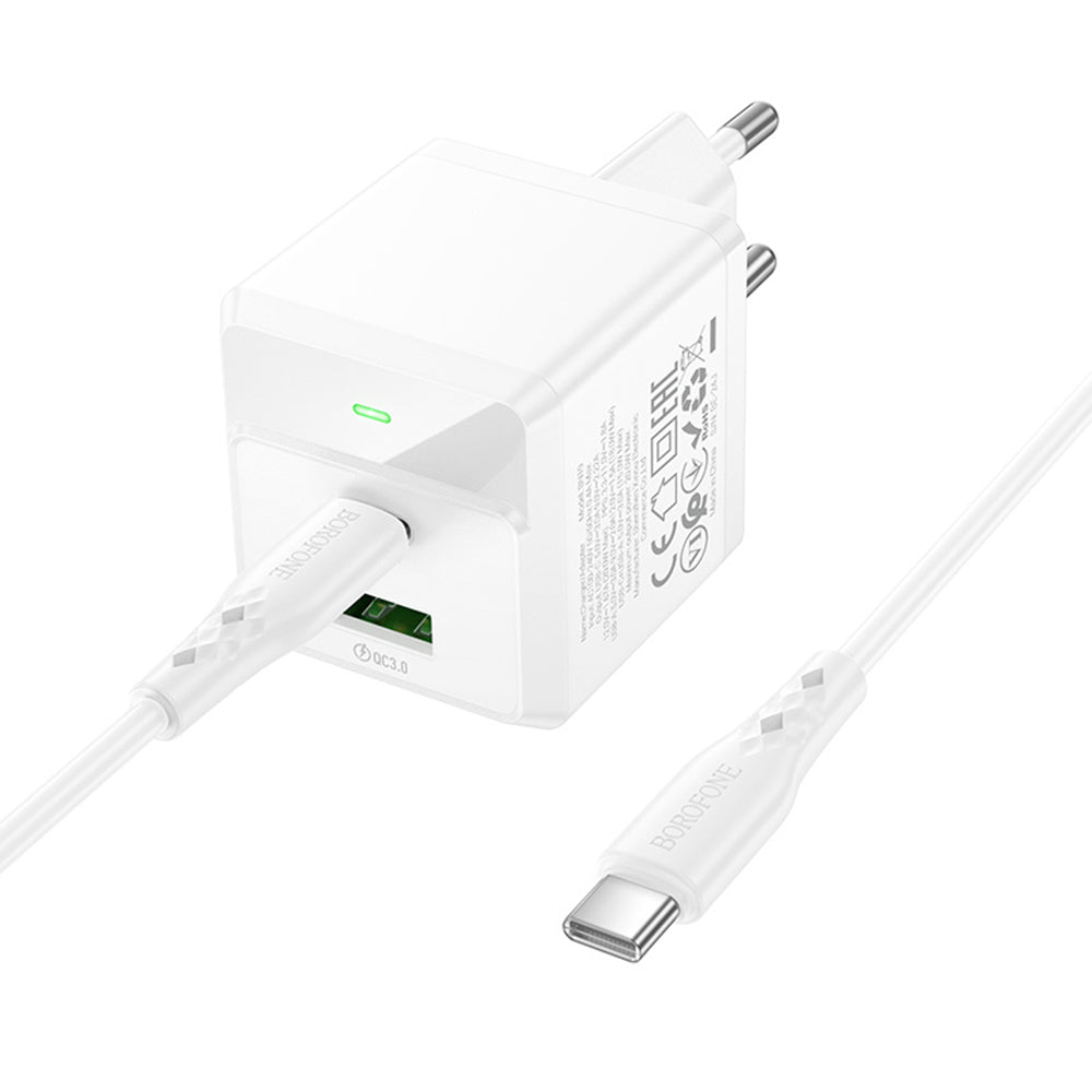 Netværksoplader med USB-C Kabel Borofone BN19 Intenso, 20W, 3A, 1 x USB-A - 1 x USB-C, Hvid