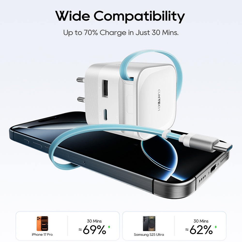 Netoplader med USB-C-kabel Cuktech, 67W, 3,25A, 1 x USB-A - 1 x USB-C, Hvid CUKA653WEUWT