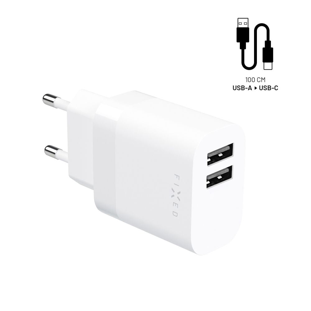Netværksoplader med USB-C kabel Fixed, 17W, 3A, 2 x USB-A, Hvid