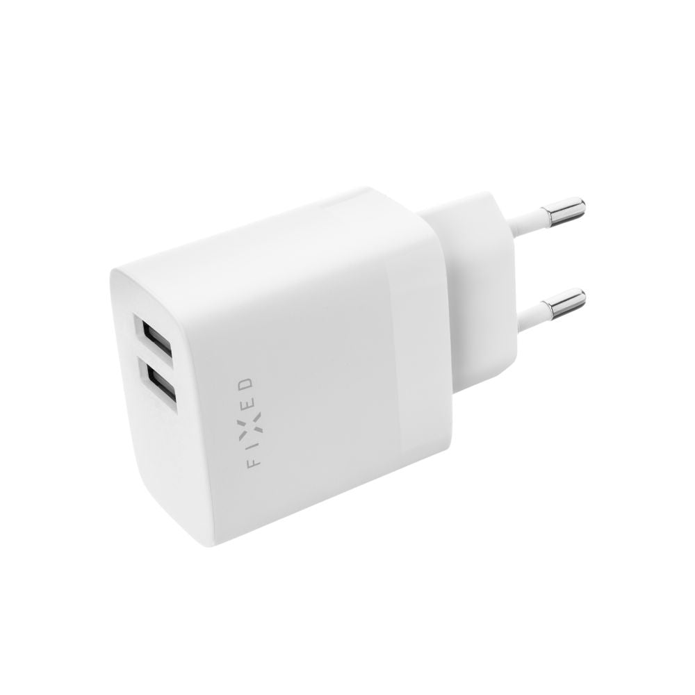Netværksoplader med USB-C kabel Fixed, 17W, 3A, 2 x USB-A, Hvid