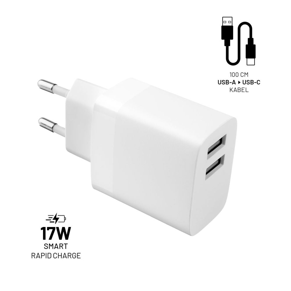 Netværksoplader med USB-C kabel Fixed, 17W, 3A, 2 x USB-A, Hvid