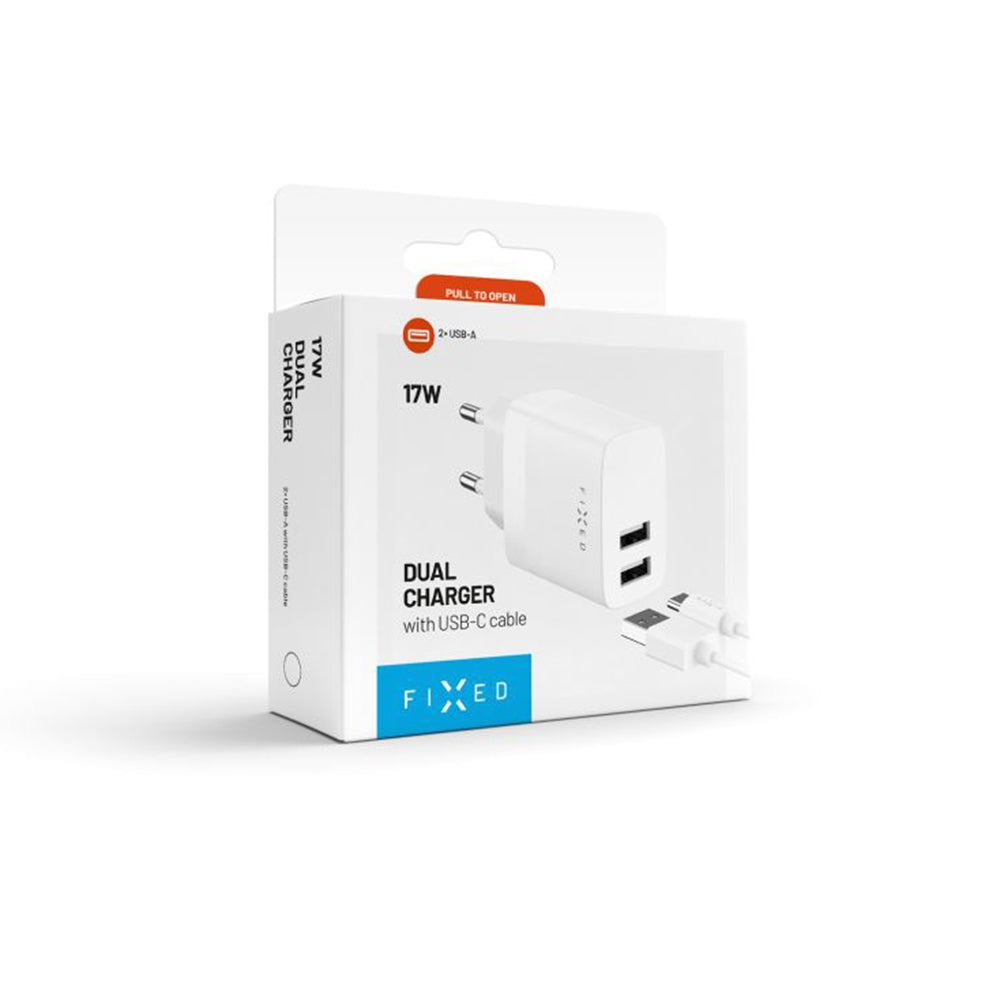 Netværksoplader med USB-C kabel Fixed, 17W, 3A, 2 x USB-A, Hvid