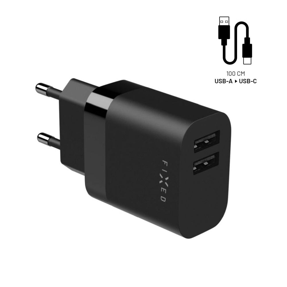Netværksoplader med USB-C kabel Fixed, 17W, 3A, 2 x USB-A, Sort