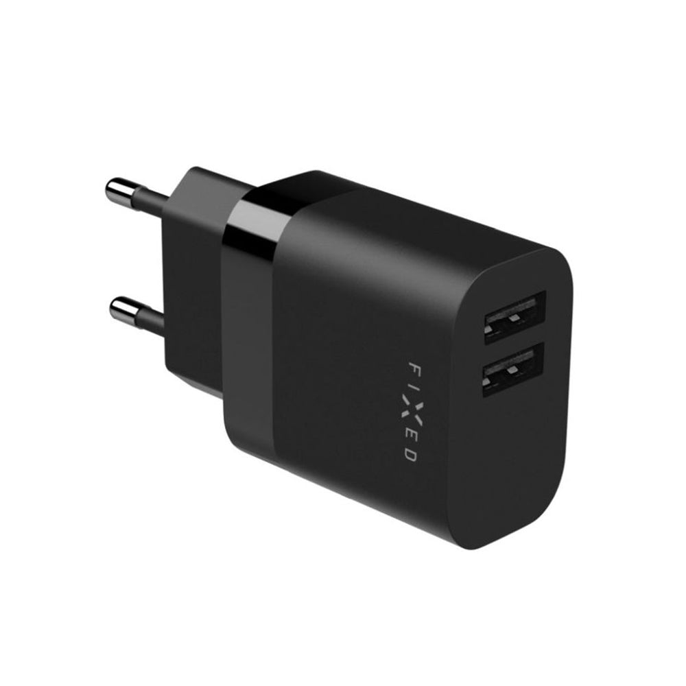Netværksoplader med USB-C kabel Fixed, 17W, 3A, 2 x USB-A, Sort