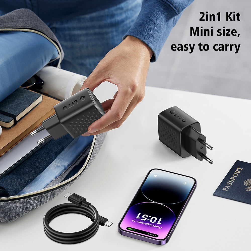 Network Charger with USB-C Cable Lito LC13T, 20W, 3A, 1 x USB-C, Black