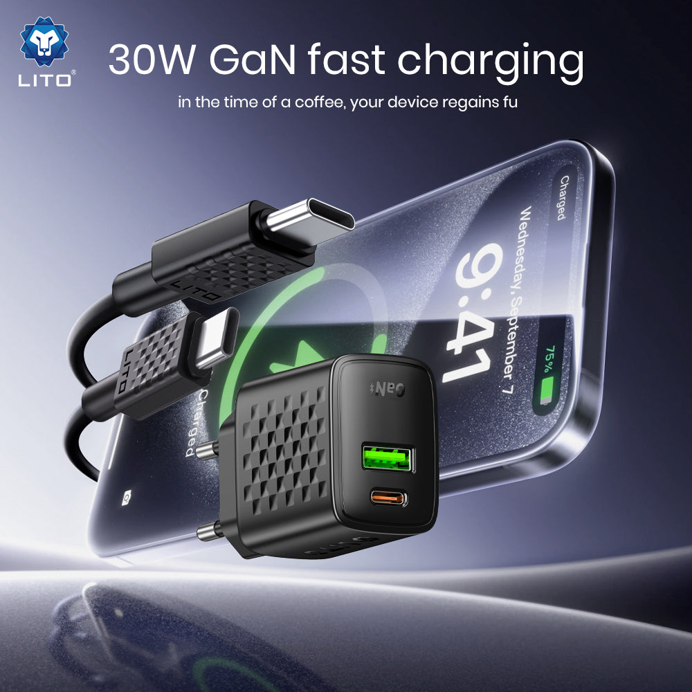 Netværksoplader med USB-C Kabel Lito LC19T, 30W, 3A, 1 x USB-A - 1 x USB-C, Sort