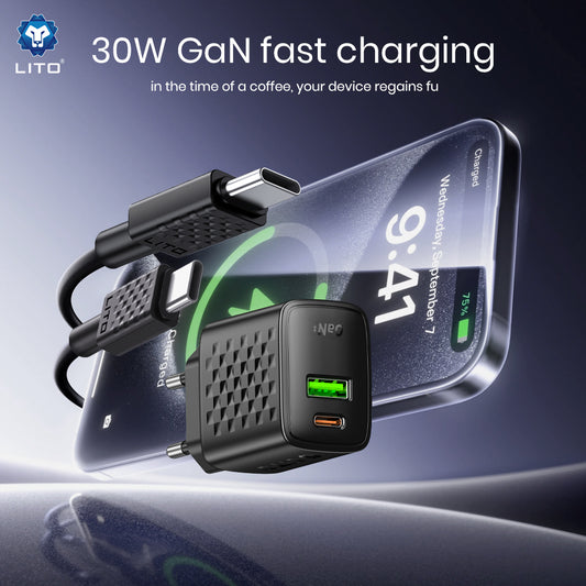 Netværksoplader med USB-C Kabel Lito LC19T, 30W, 3A, 1 x USB-A - 1 x USB-C, Sort