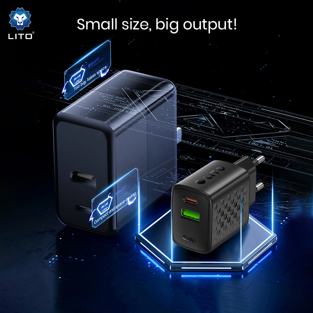 Netværksoplader med USB-C kabel Lito LC24T, 65W, 3.25A, 1 x USB-A - 1 x USB-C, Sort