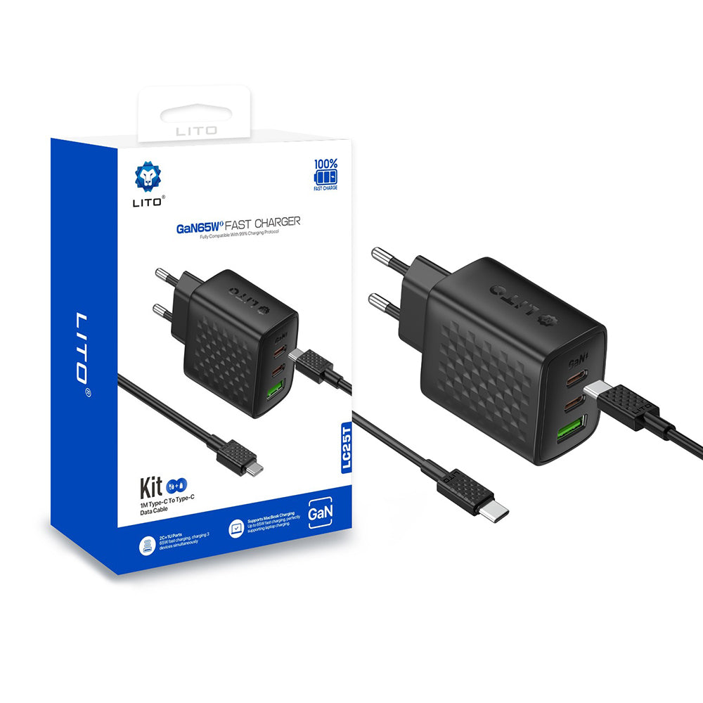 Netværksoplader med USB-C kabel Lito LC25T, 65W, 3.25A, 1 x USB-A - 2 x USB-C, Sort